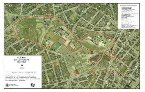 Aerial view of St. John's Ecclesiastical District outlined in red, with legend of buildings.; City of St. John's 2005